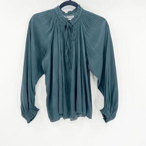 Taroo Mock Neck Blouse Top Womens Size M Green Ruffle Tie Long Sleeve Flowy